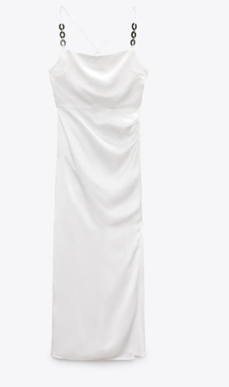 Zara White Satin Effect Spaghetti Strap Maxi / Midi Dress Side Slit XS